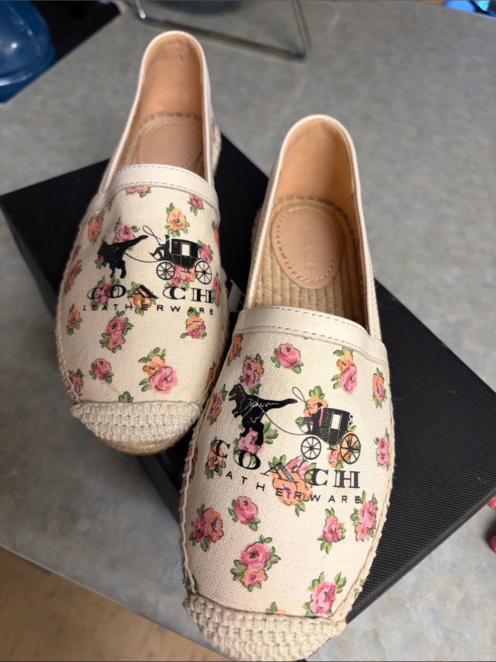 Coach Cream Floral Canvas Espadrilles with Pink Rose Print